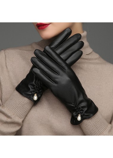 Modlily Pearl Detail Black Wrist Warming Full Finger Gloves - One Size