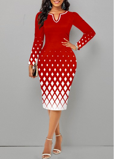 women clothes image of Plus Size Red Split Geometric Print Bodycon Dress