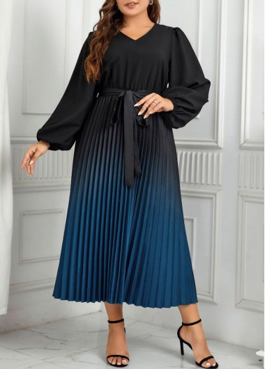 Modlily Peacock Blue Pleated Plus Size Ombre Belted Dress - XL