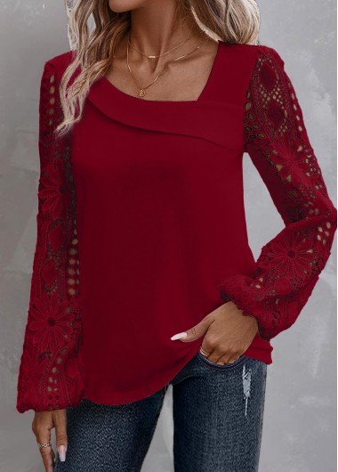 Modlily Wine Red Lace Long Sleeve Asymmetrical Neck Blouse - M