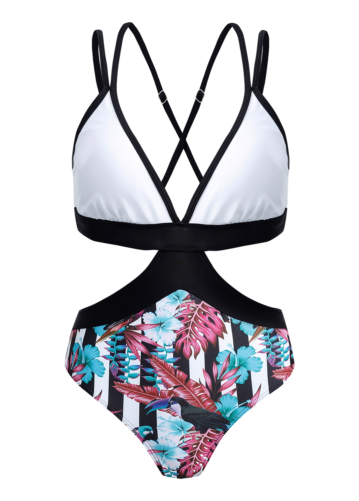 Floral Print Cross Strap Contrast One Piece Swimwear