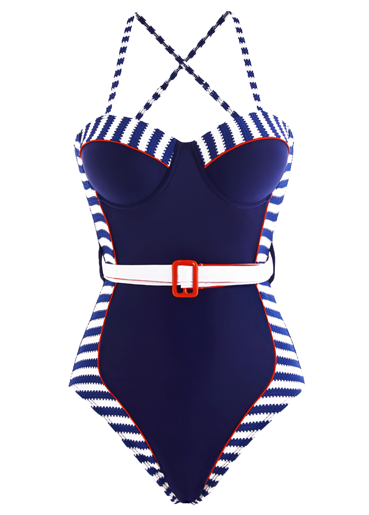 Striped Decorative Belt Navy Blue One Piece Swimwear
