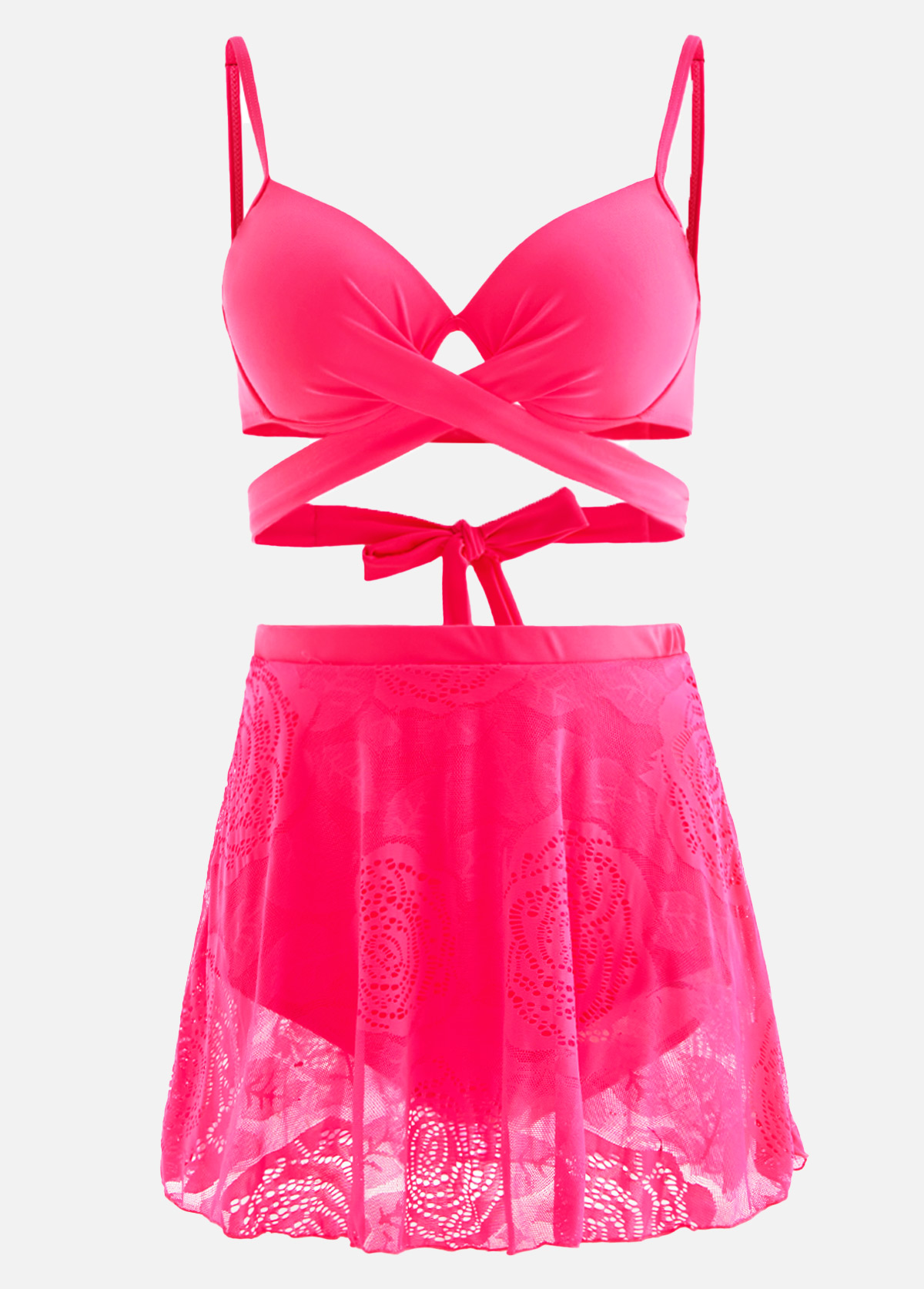 Hot Pink Lace Stitching High Waist Bikini Set