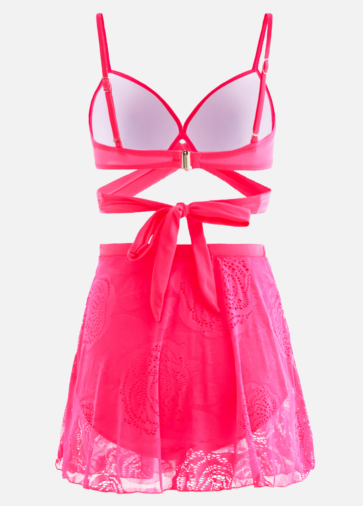 Hot Pink Lace Stitching High Waist Bikini Set