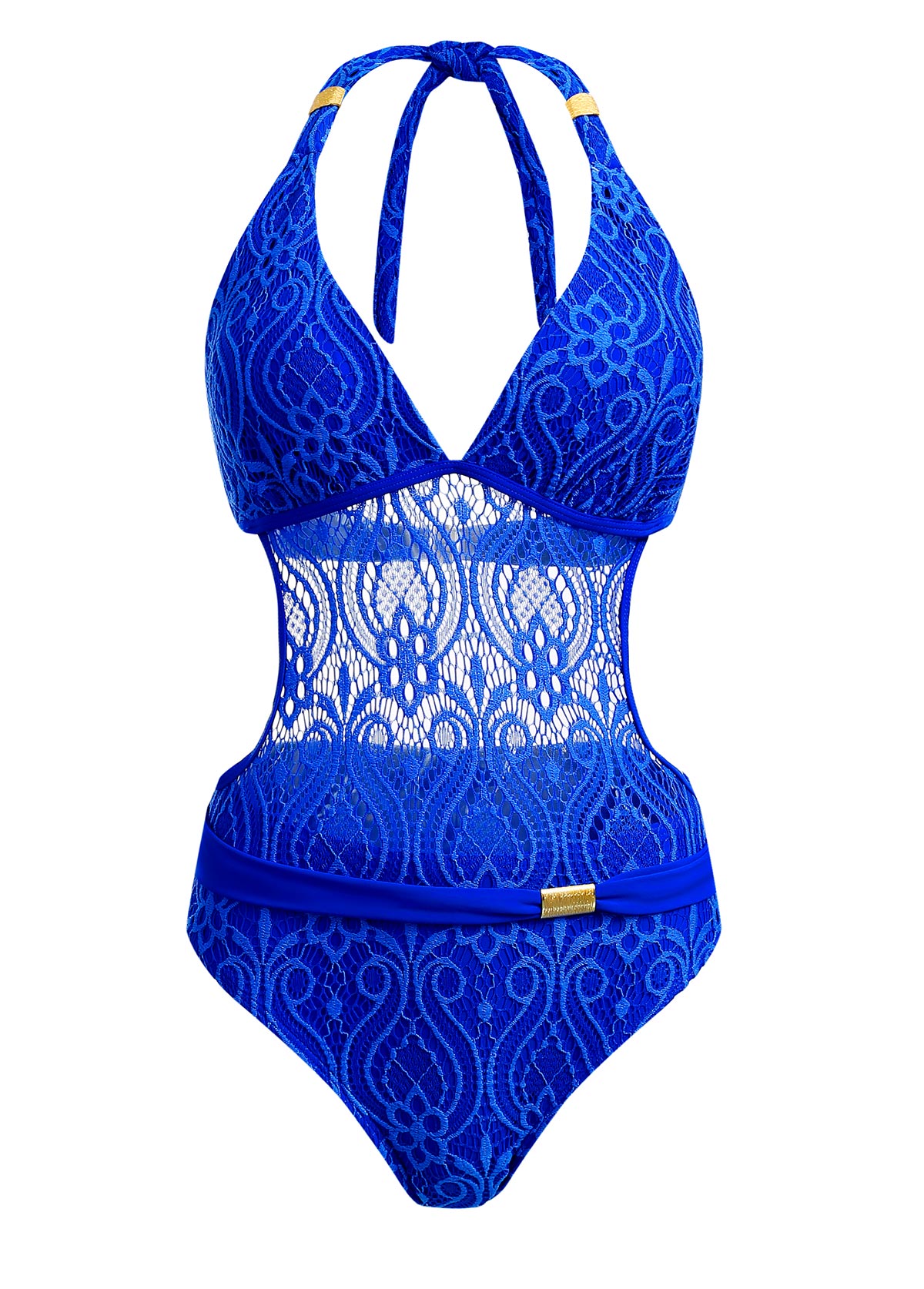 Halter Sheer Lace Royal Blue One Piece Swimwear