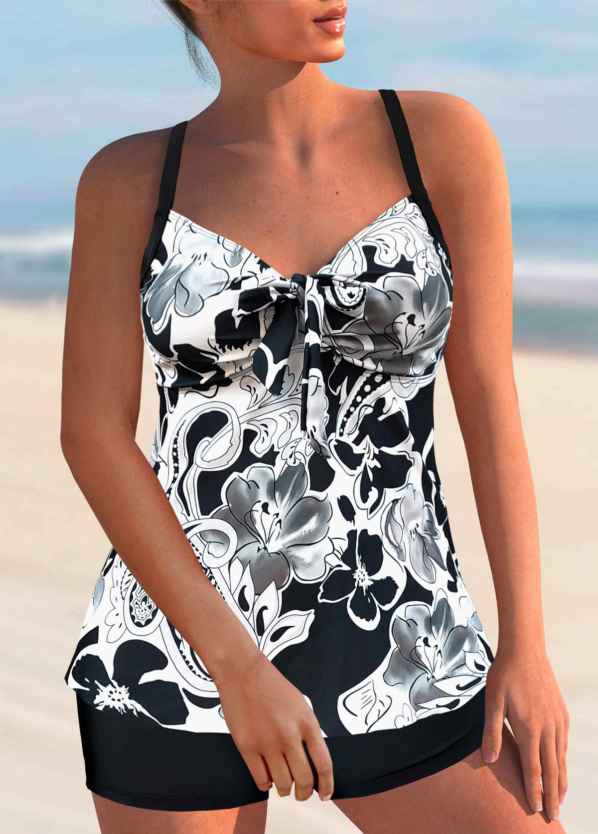 Paisley Print White Bowknot Tankini Set | picture 