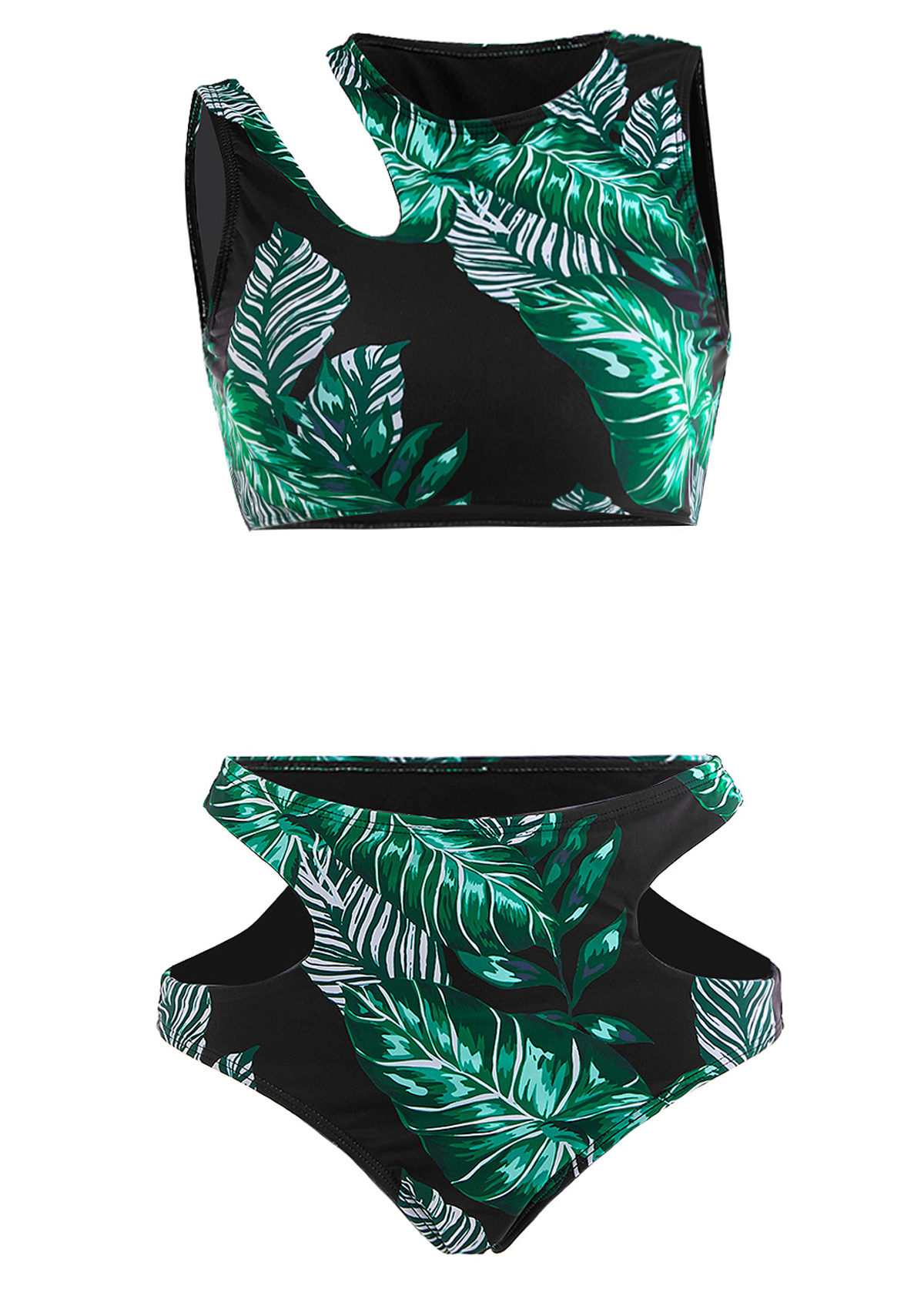 Cut Out Mid Waisted Leaf Print Black Bikini Set