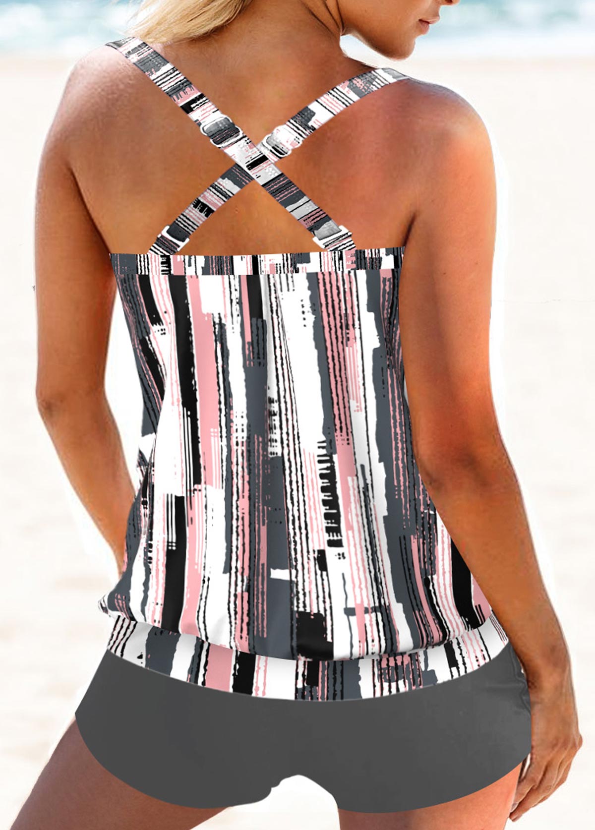 Criss Cross Geometric Print Grey Tankini Set | picture 