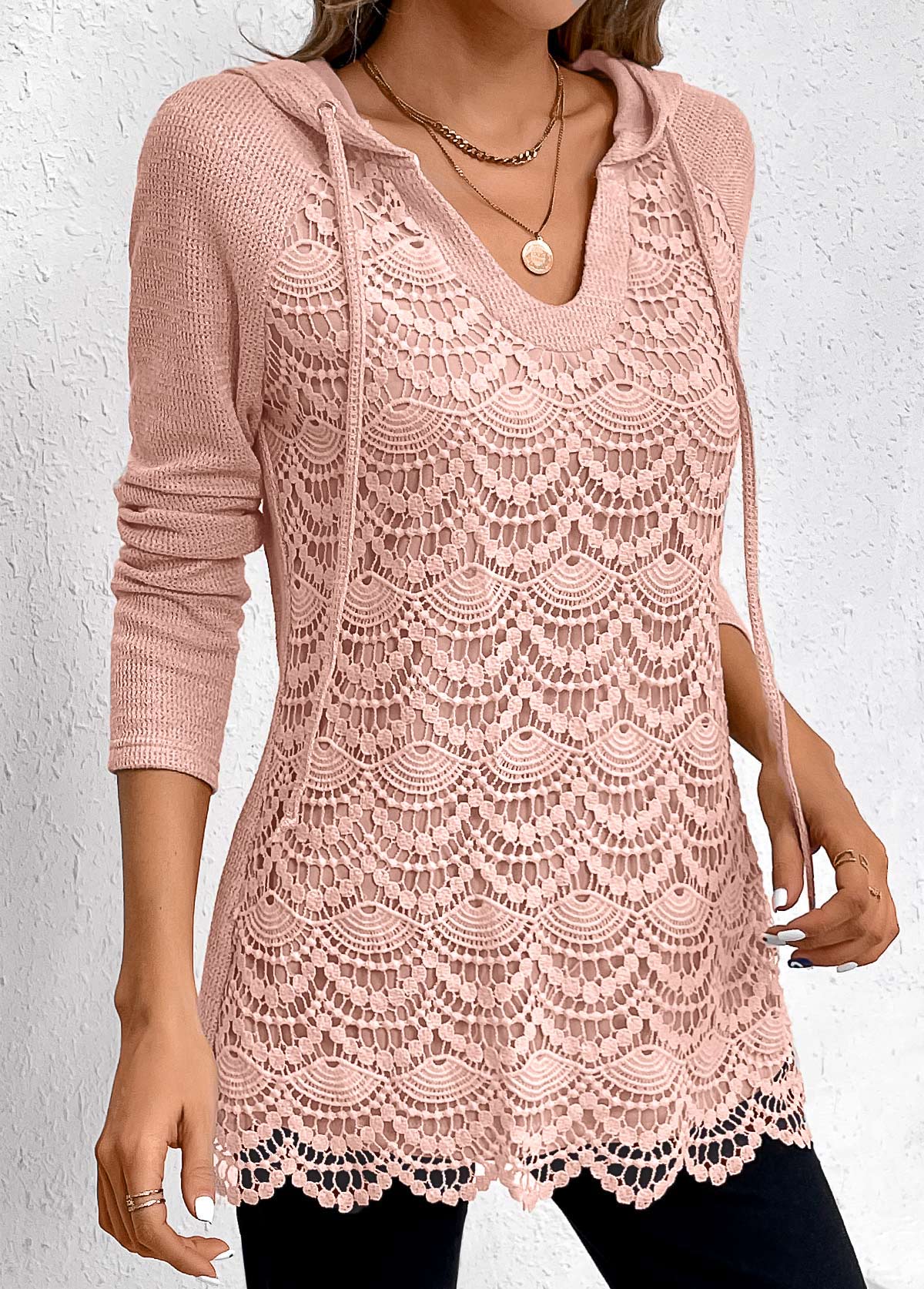 Light Pink Patchwork Long Sleeve Hoodie | picture 