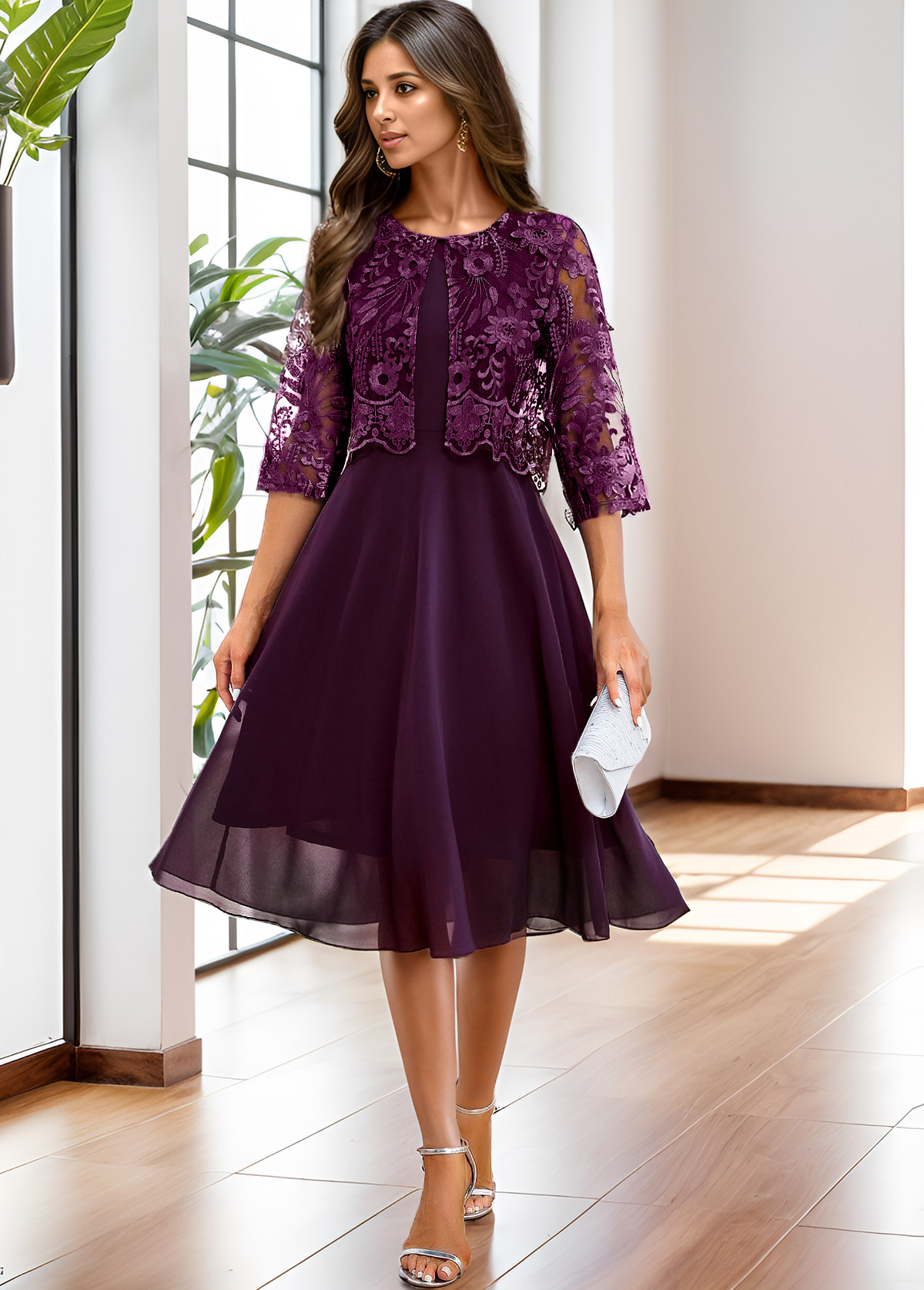 Dark Purple Lace Embroidery A Line Dress