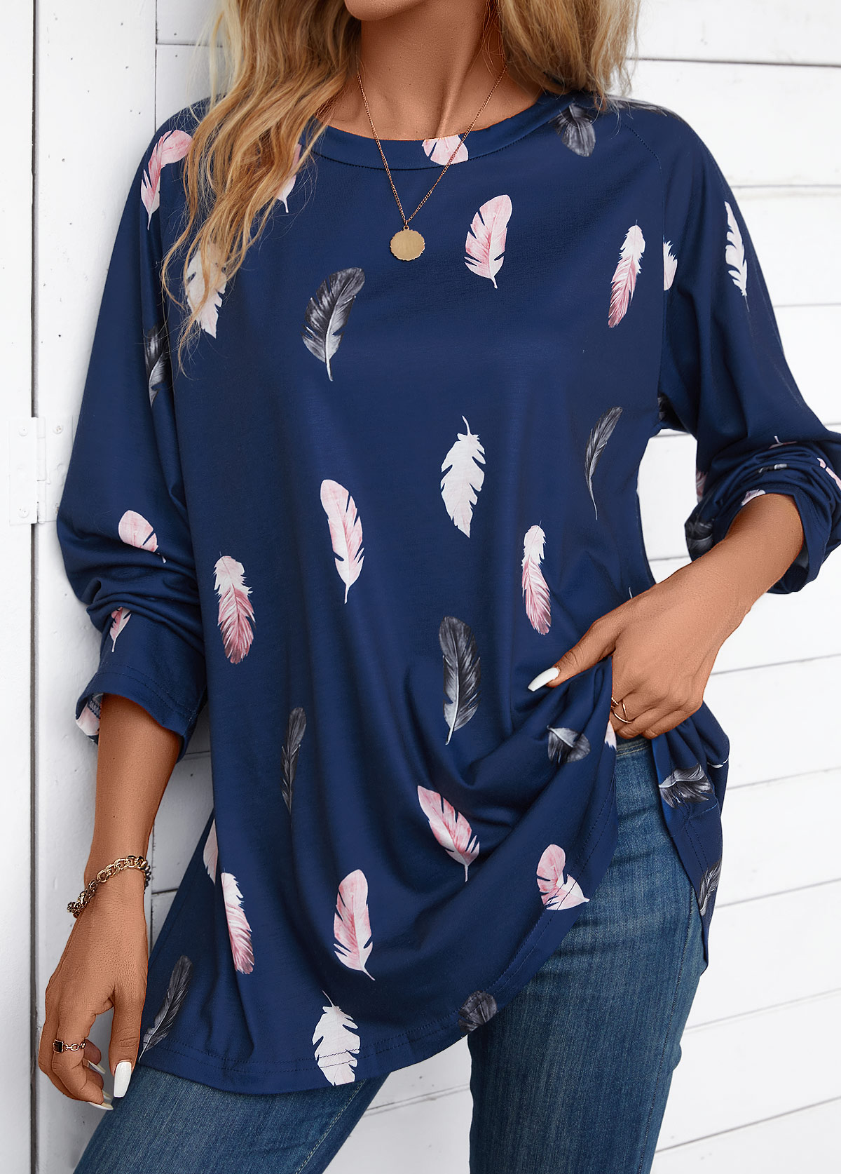 Navy Feathers Print Extra Long Sleeve Round Neck Blouse | picture 