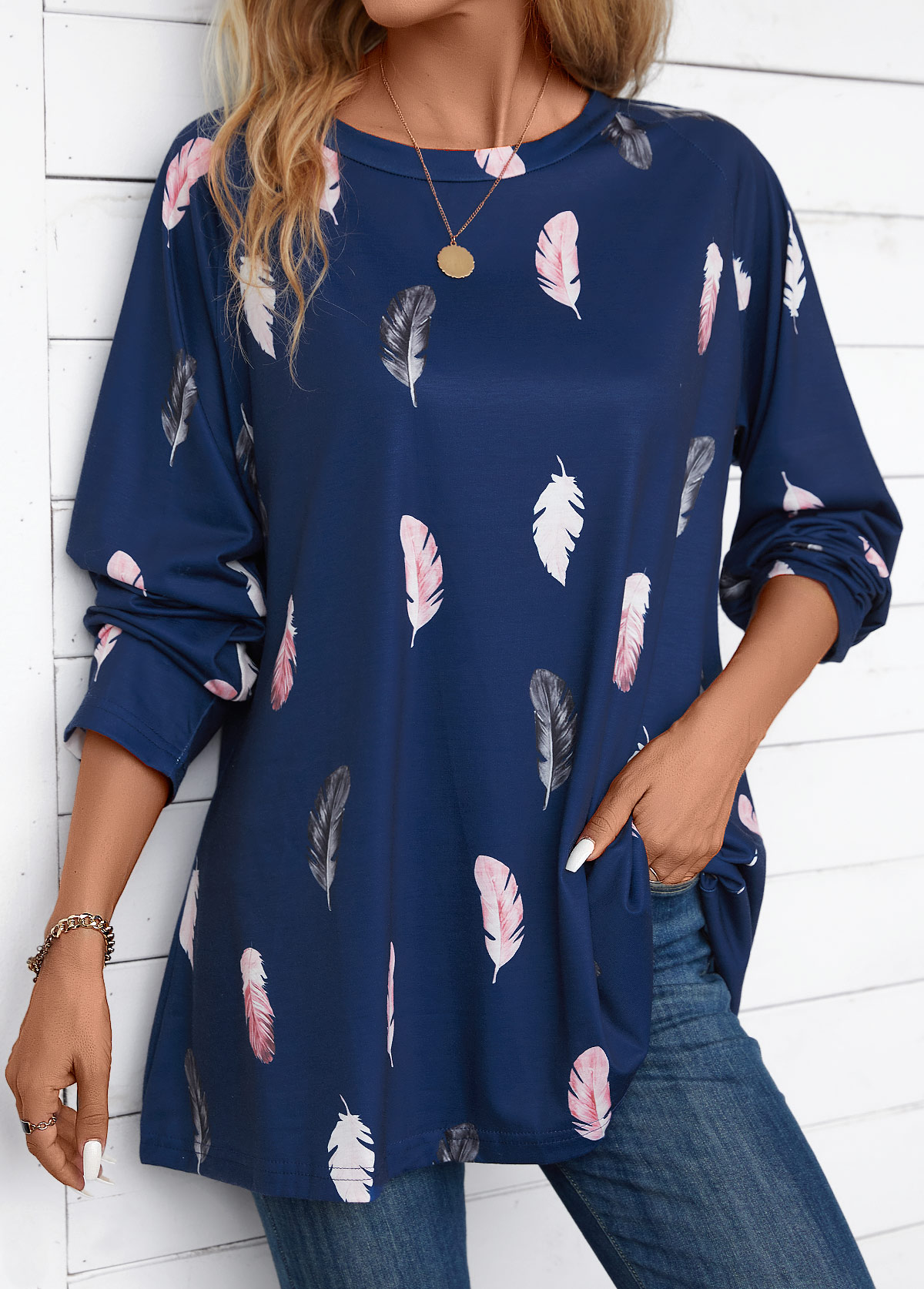 Navy Feathers Print Extra Long Sleeve Round Neck Blouse | picture 