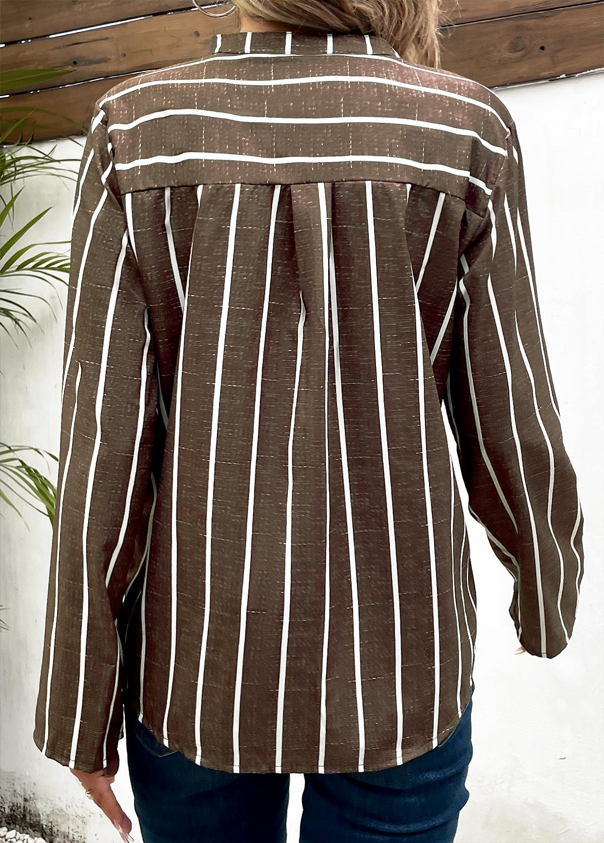Dark Coffee Pocket Striped Long Sleeve Blouse