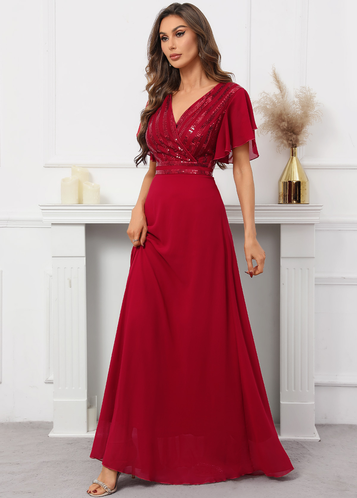 Red Sequin Short Sleeve V Neck Dress