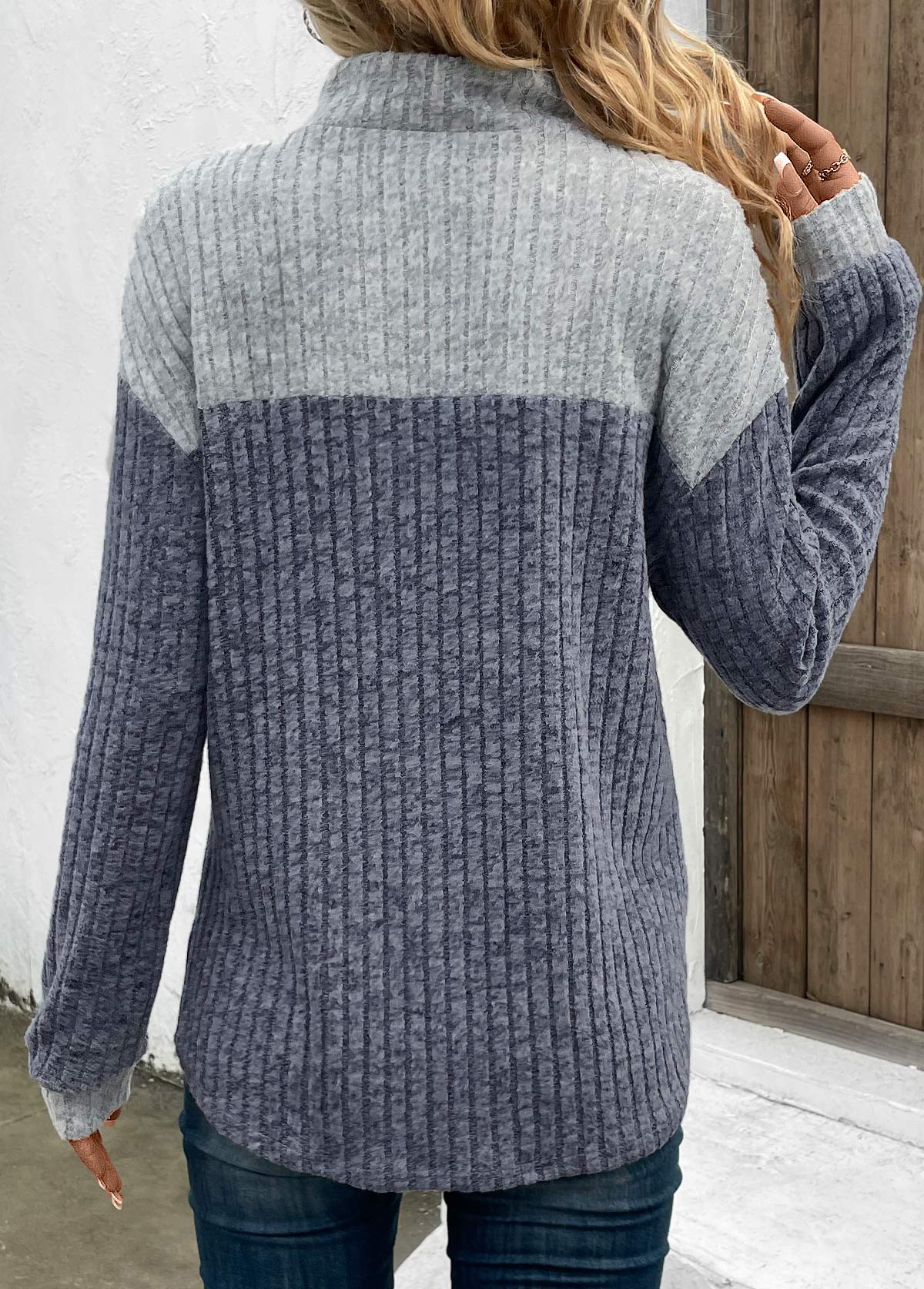 Dusty Blue Patchwork Long Sleeve Stand Collar Sweatshirt