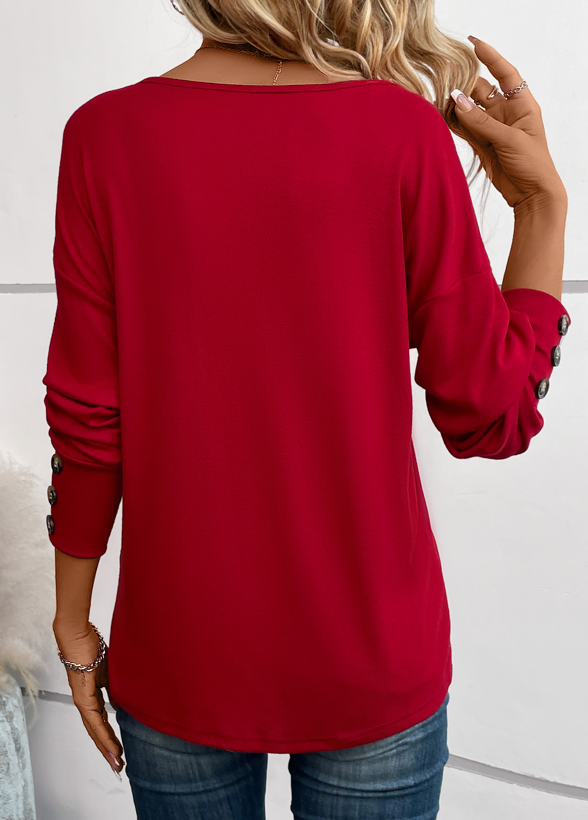 Wine Red Button Long Sleeve V Neck T Shirt