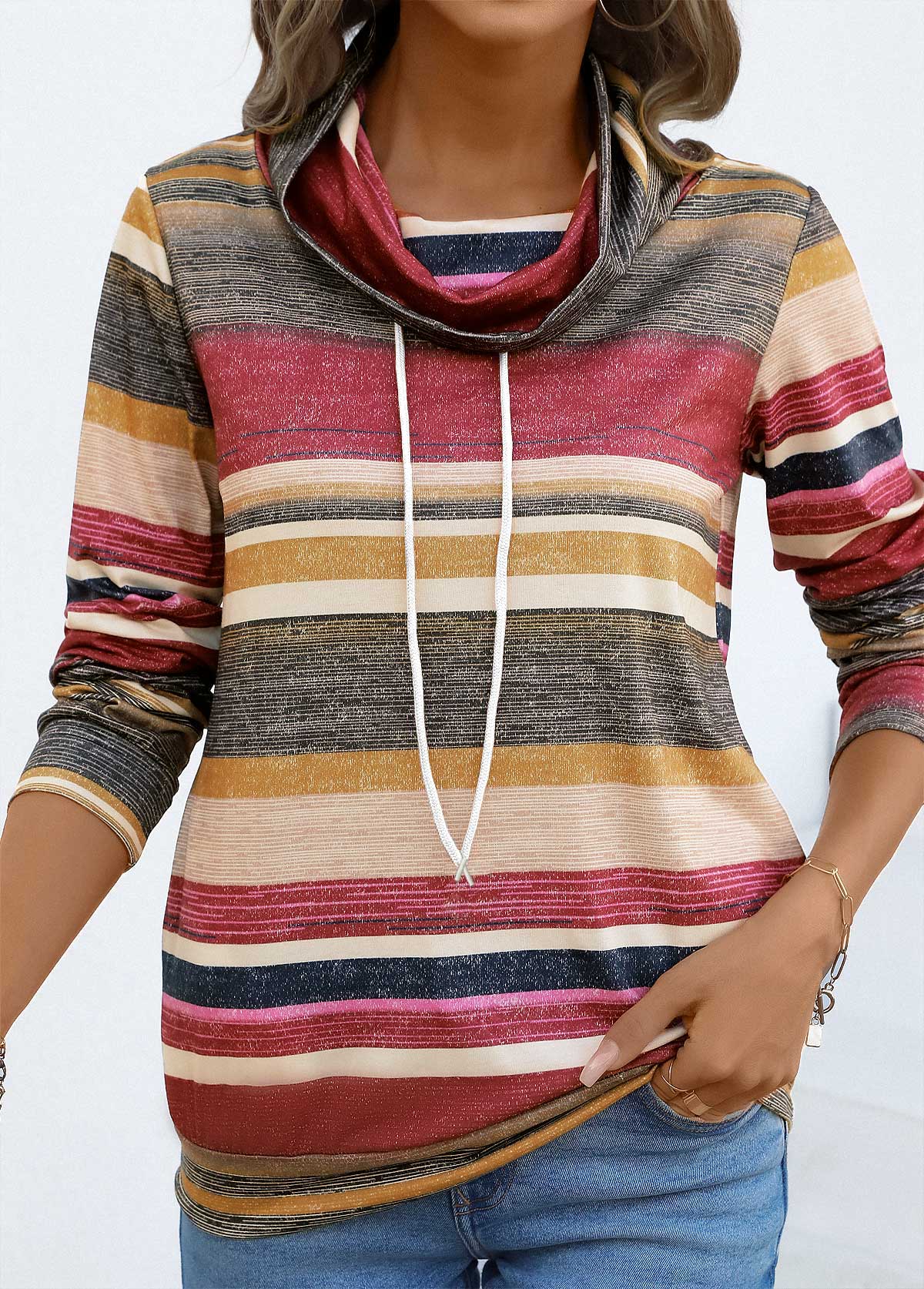 Modlily Coral Drawstring Multi Stripe Print Long Sleeve T Shirt - M