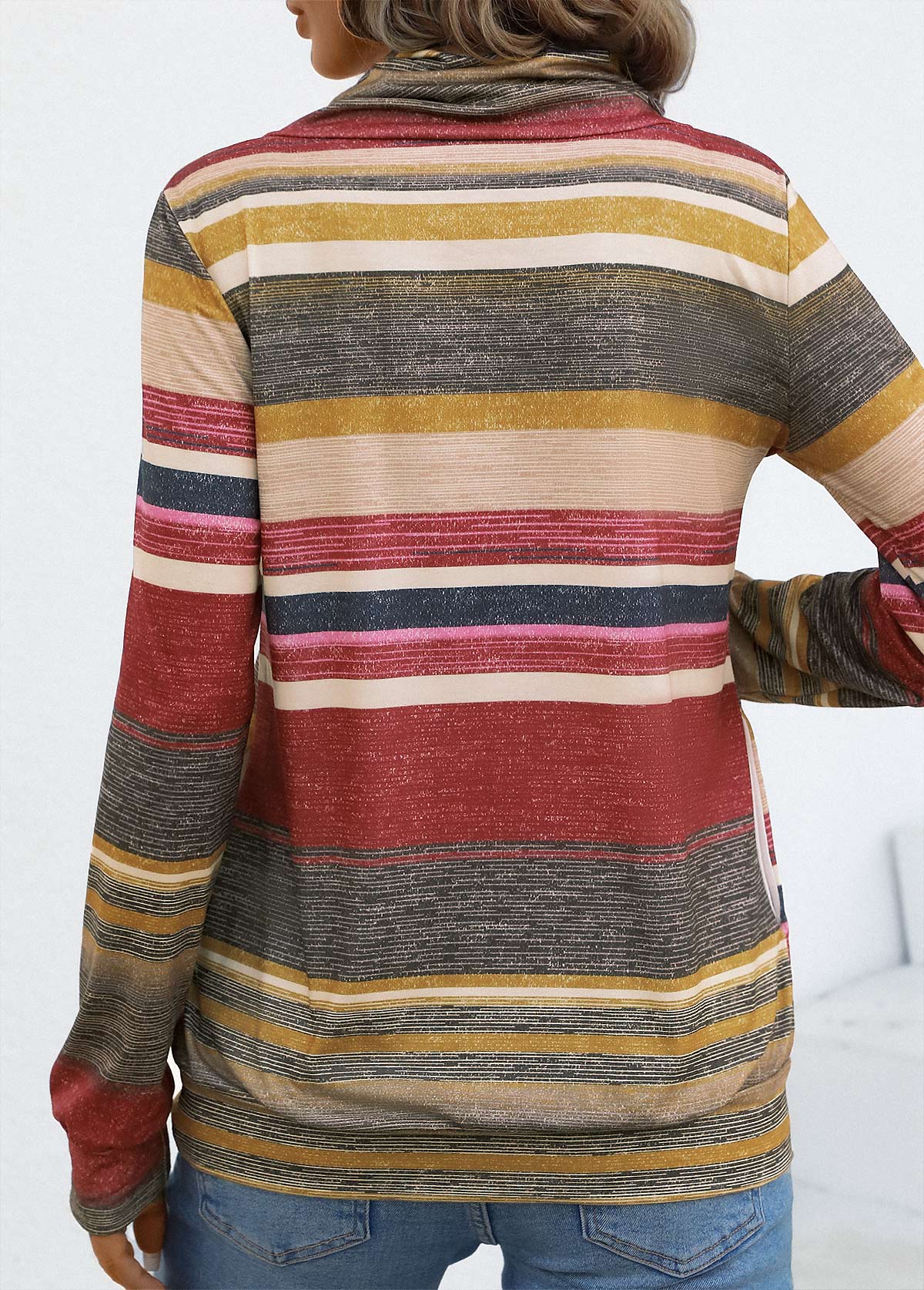 Coral Drawstring Multi Stripe Print Long Sleeve T Shirt