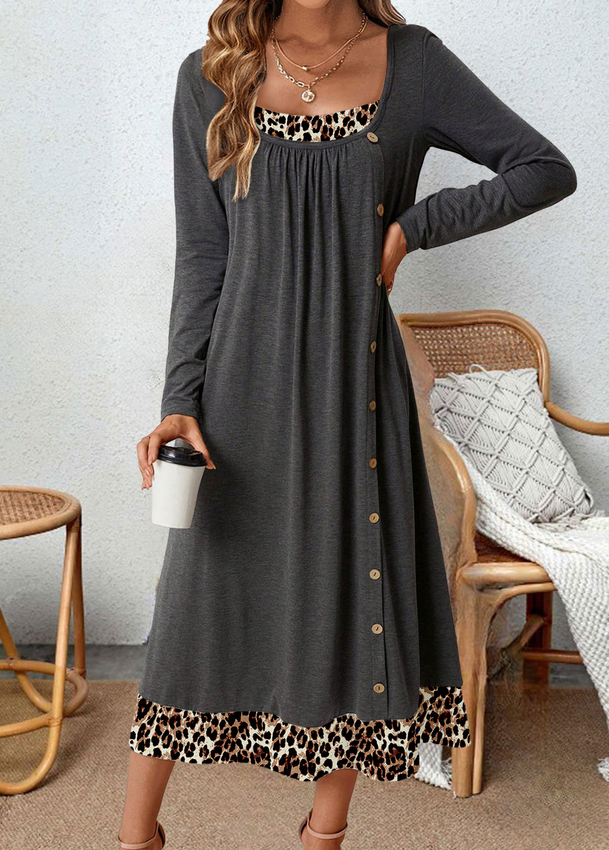 Dark Grey Tummy Coverage Leopard Long Sleeve Dress | picture 