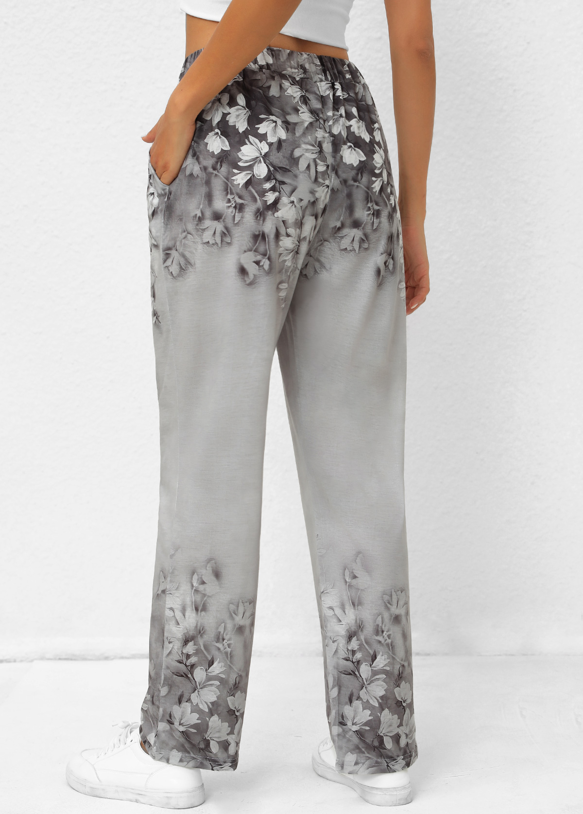 Grey Pocket Random Floral Print Elastic Waist Pants