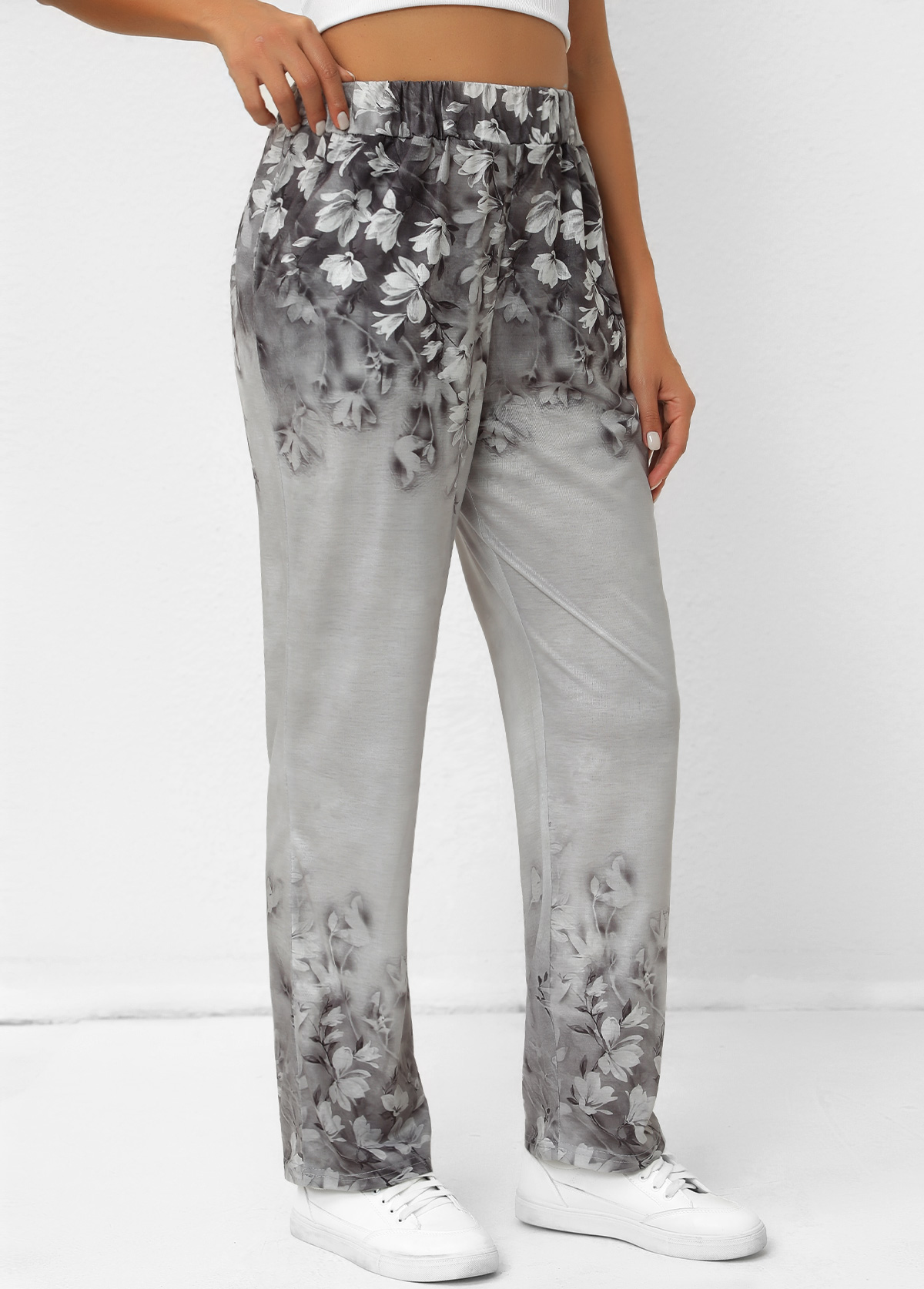 Grey Pocket Random Floral Print Elastic Waist Pants