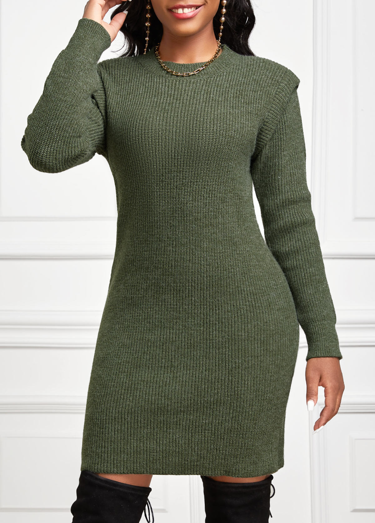 Olive Green Short Long Sleeve Round Neck Dress
