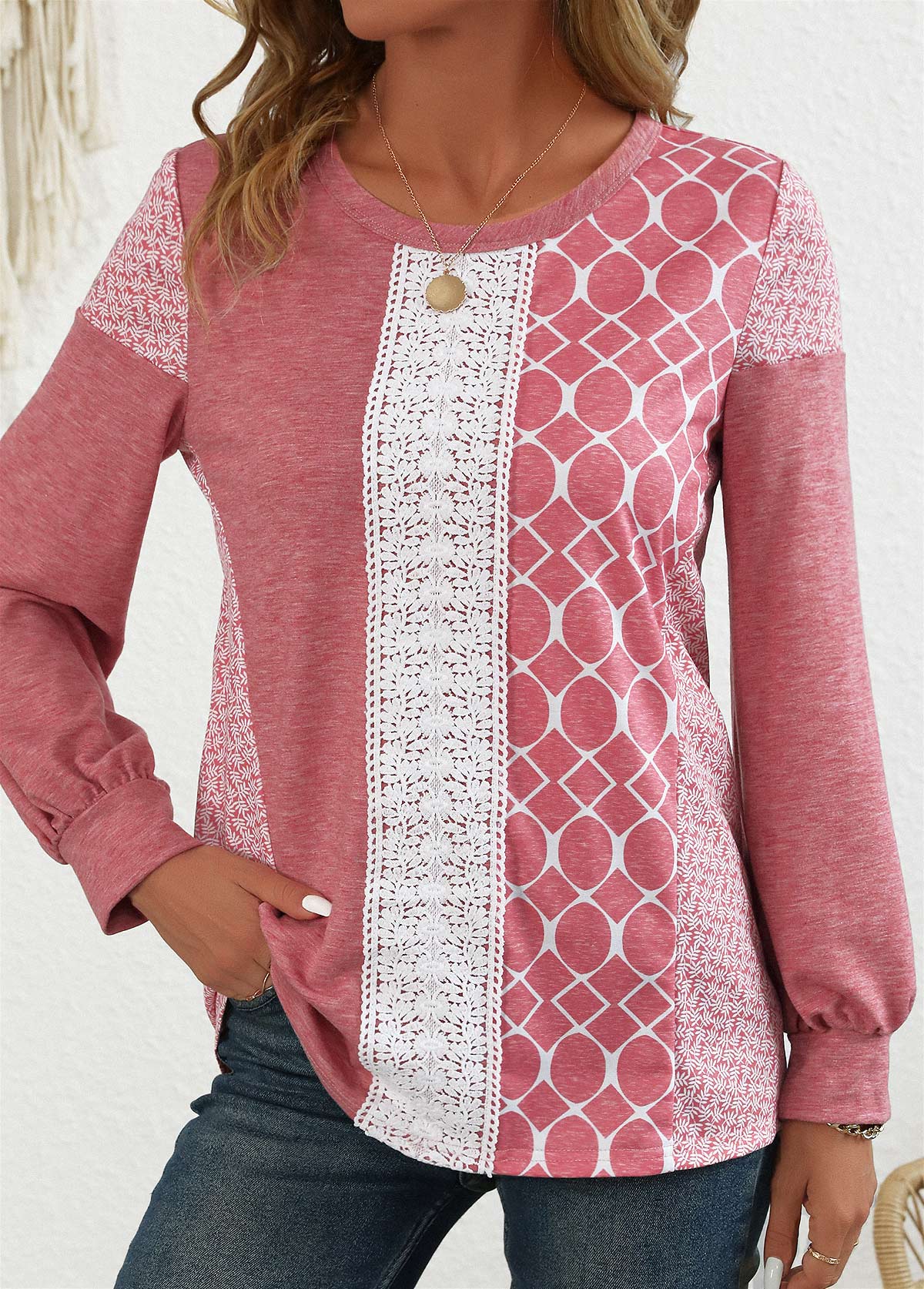 Pink Patchwork Geometric Print Long Sleeve Round Neck Sweatshirt