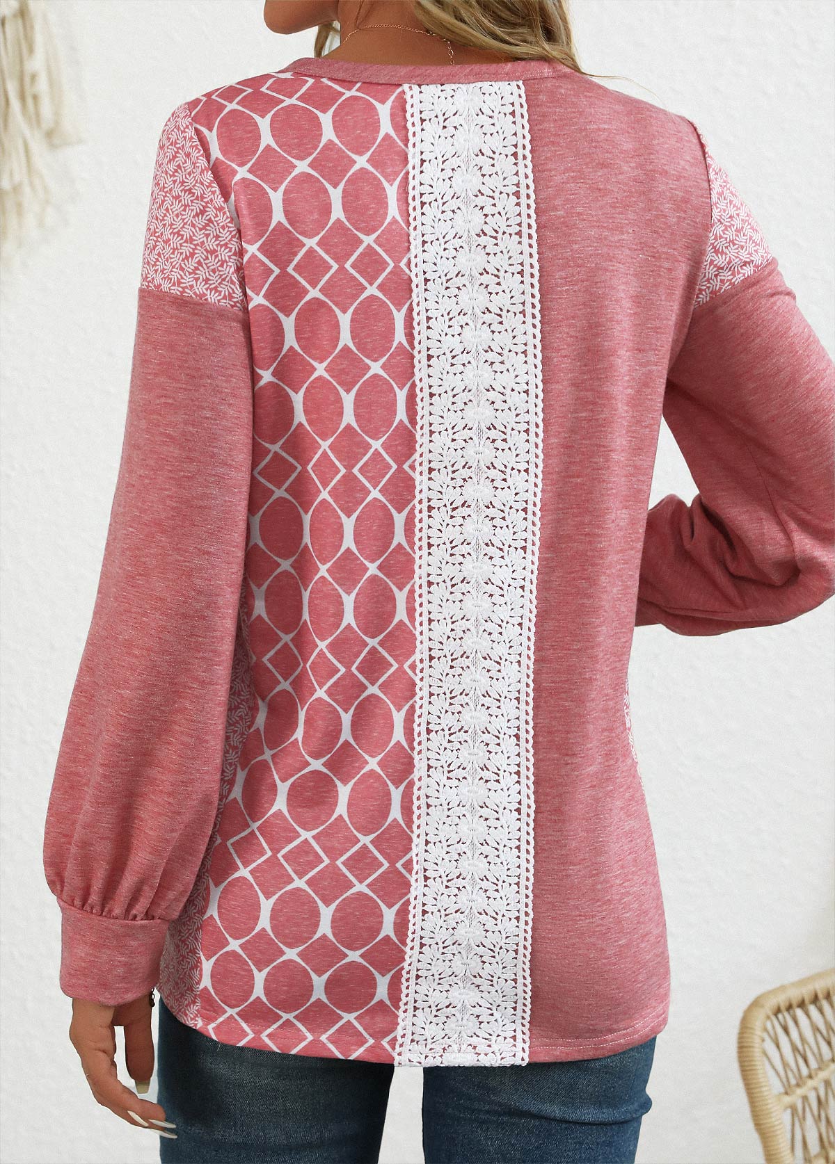 Pink Patchwork Geometric Print Long Sleeve Round Neck Sweatshirt