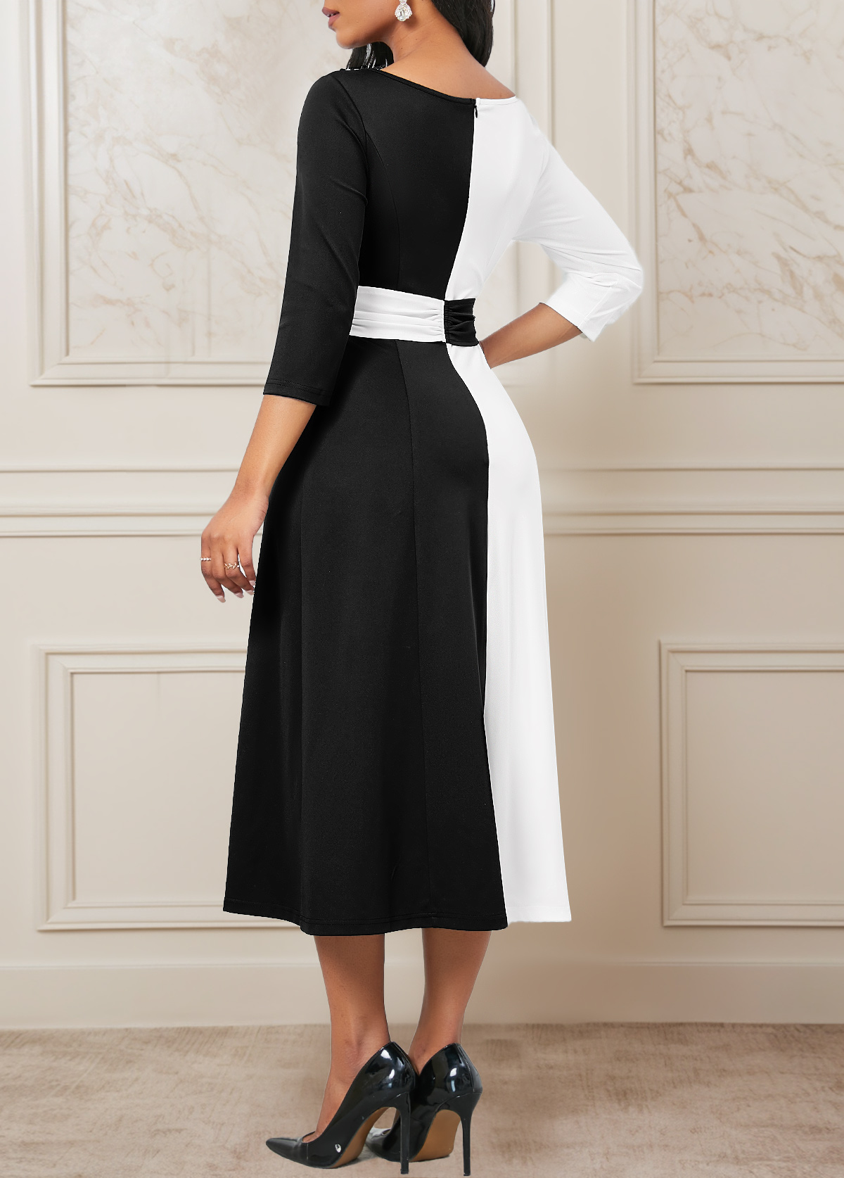 Black Patchwork Three Quarter Length Sleeve Dress
