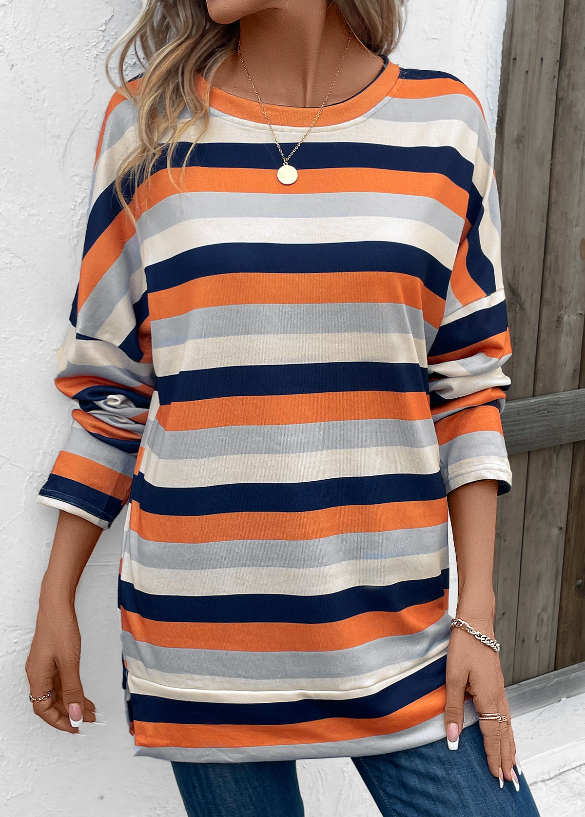 Multi Color Patchwork Striped Long Sleeve T Shirt