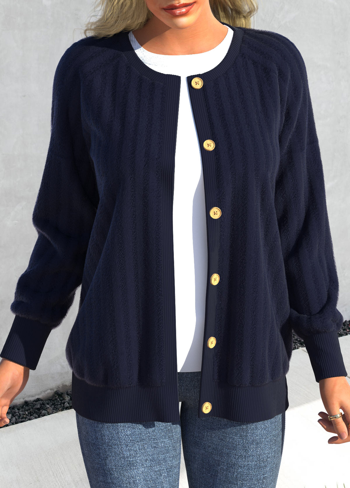 Blue Button Long Sleeve Round Neck Coat
