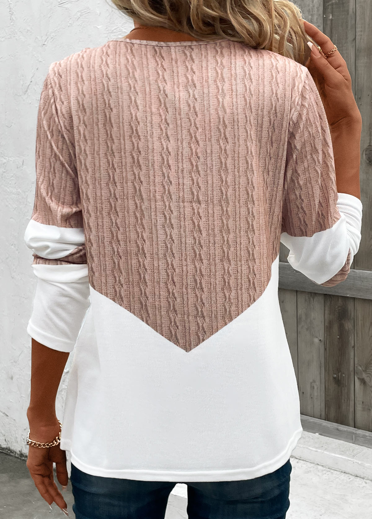 Light Camel Patchwork Geometric Print Long Sleeve T Shirt | picture 