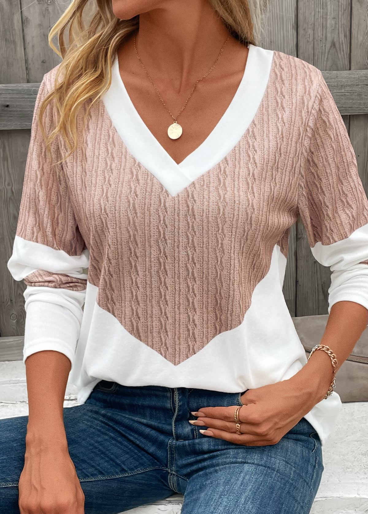 Light Camel Patchwork Geometric Print Long Sleeve T Shirt | picture 