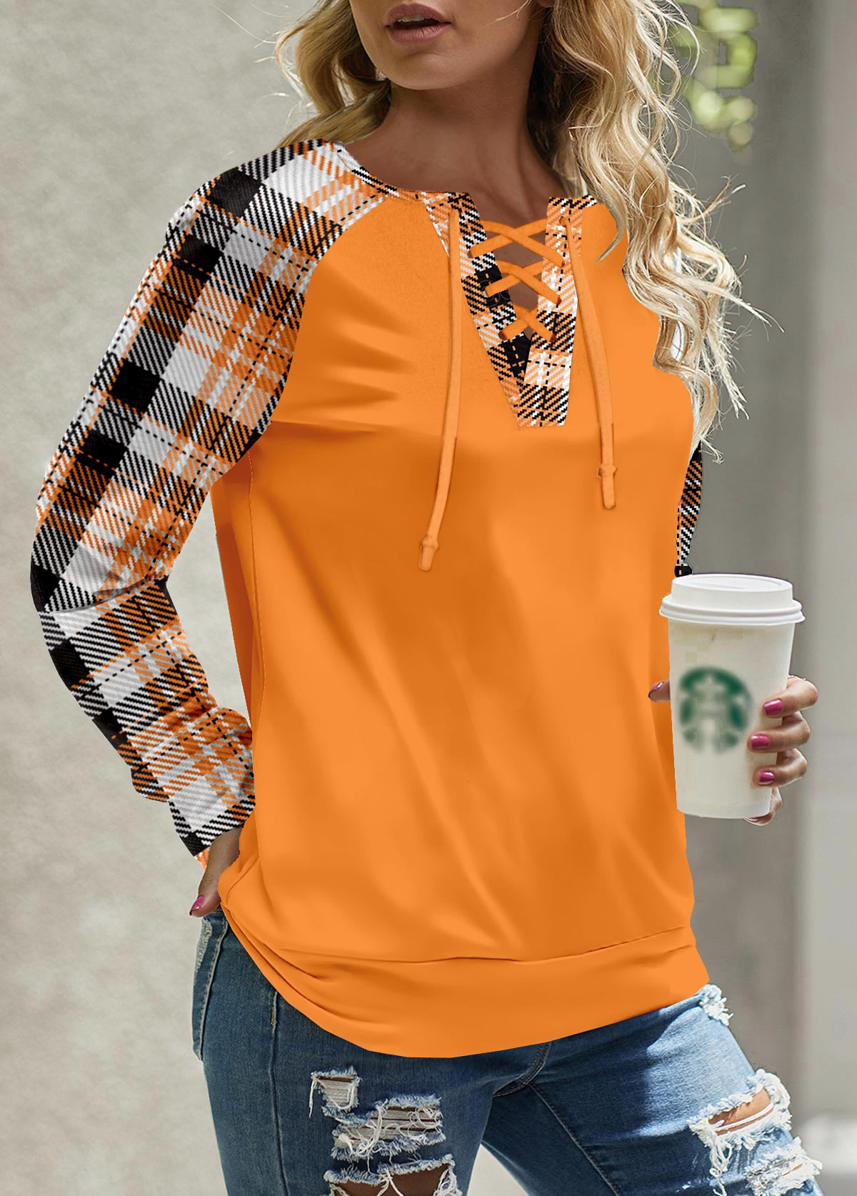 Orange Patchwork Plaid Long Sleeve Split Neck Sweatshirt