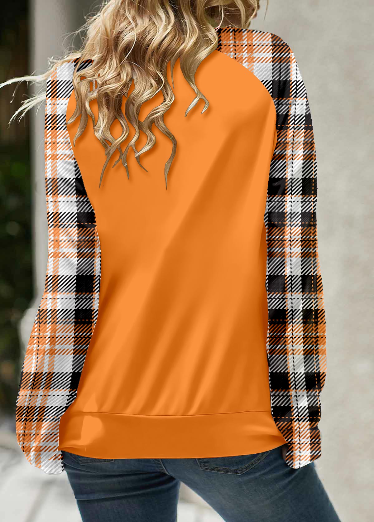 Orange Patchwork Plaid Long Sleeve Split Neck Sweatshirt