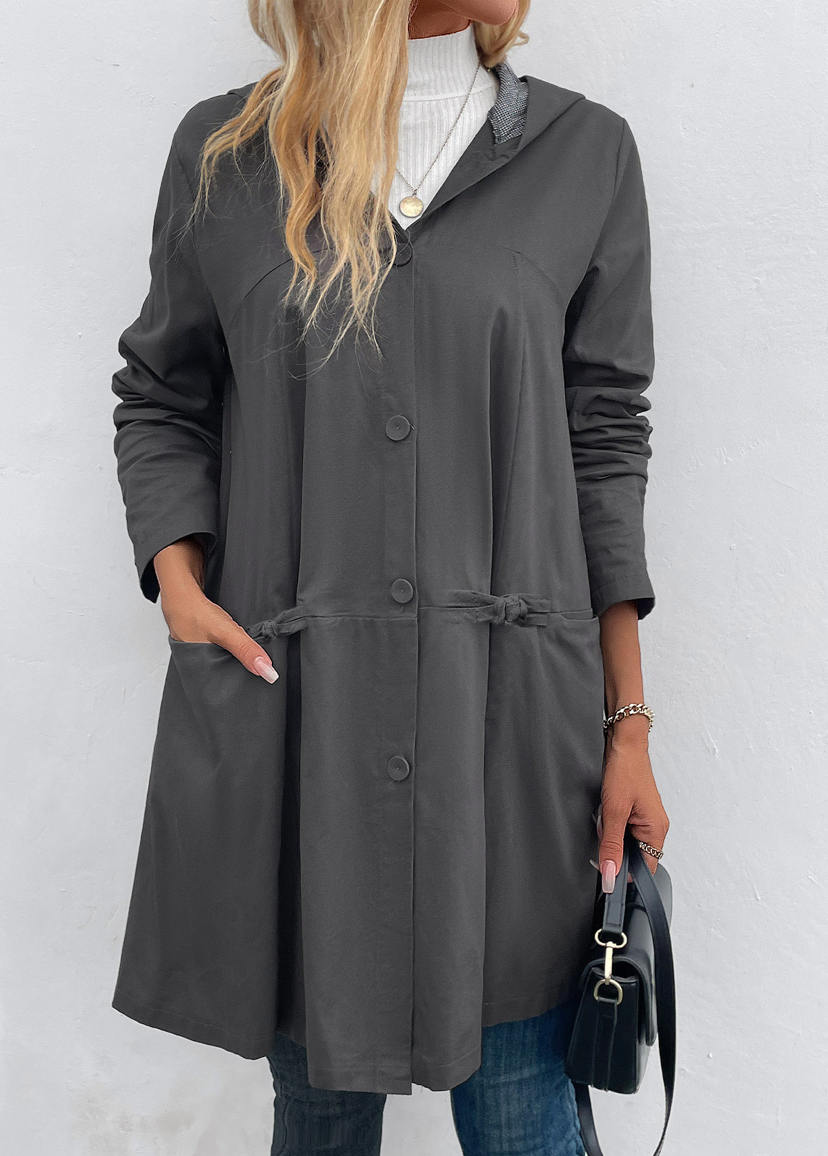 Dark Grey Pocket Long Sleeve Hooded Coat
