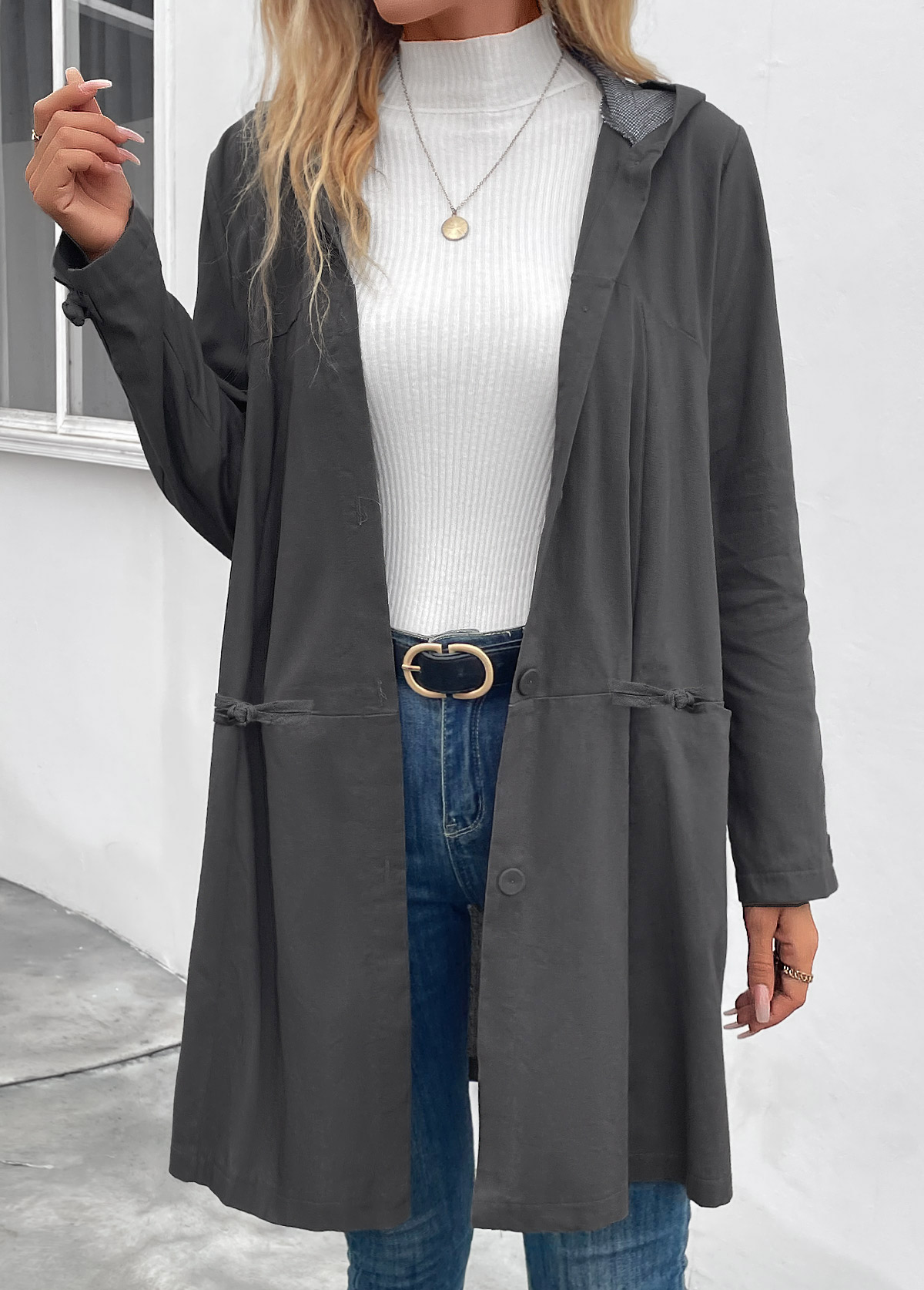 Dark Grey Pocket Long Sleeve Hooded Coat