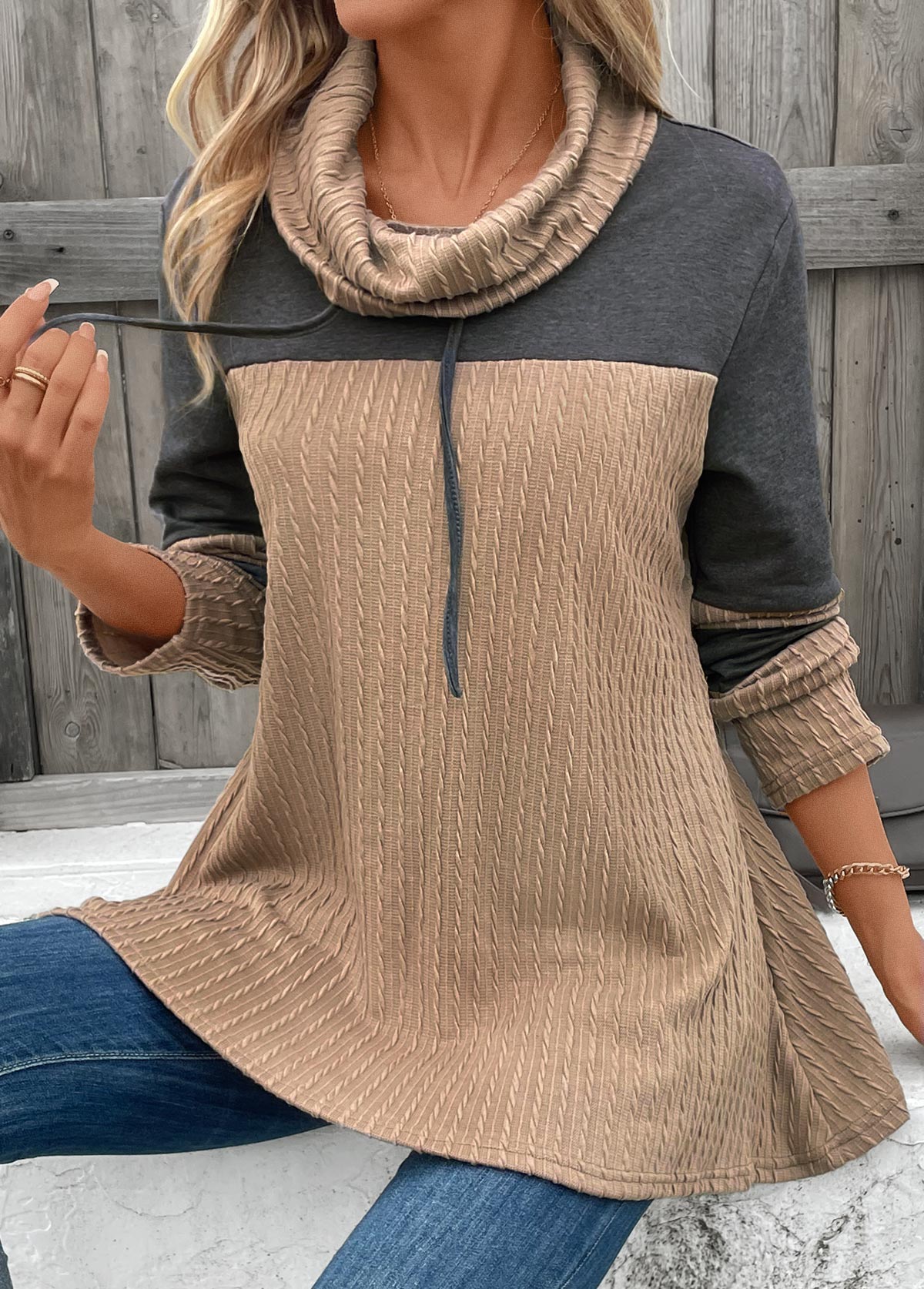 Light Camel Patchwork Long Sleeve Cowl Neck Sweatshirt