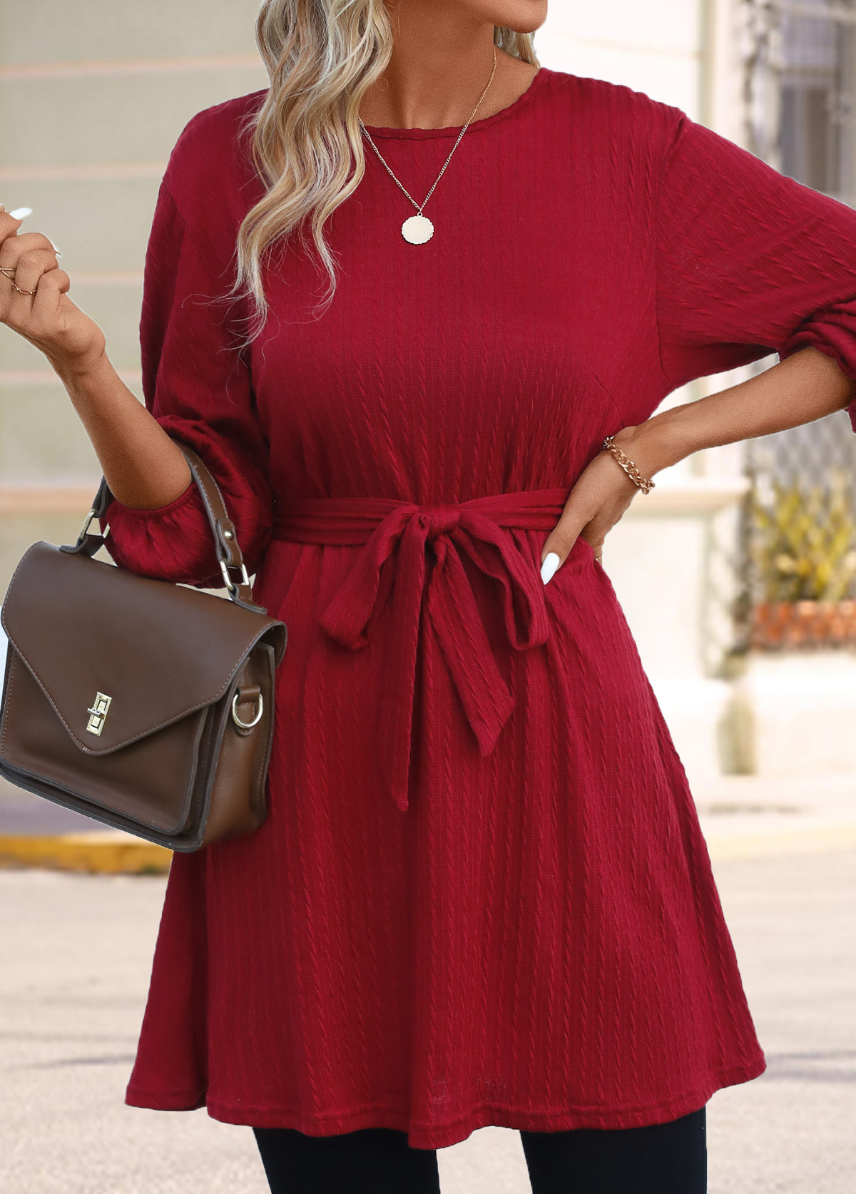 Wine Red Button Short Belted Long Sleeve Dress