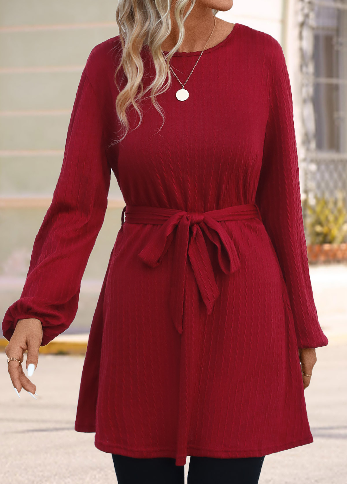 Wine Red Button Short Belted Long Sleeve Dress