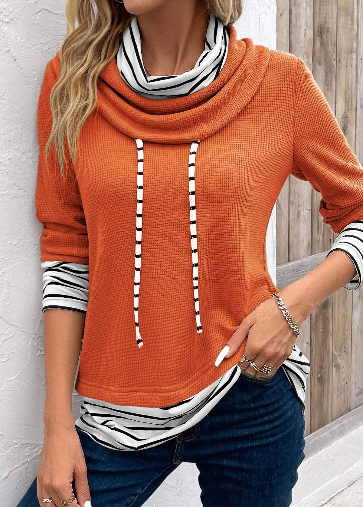 Plus Size Orange Patchwork Striped Long Sleeve Sweatshirt