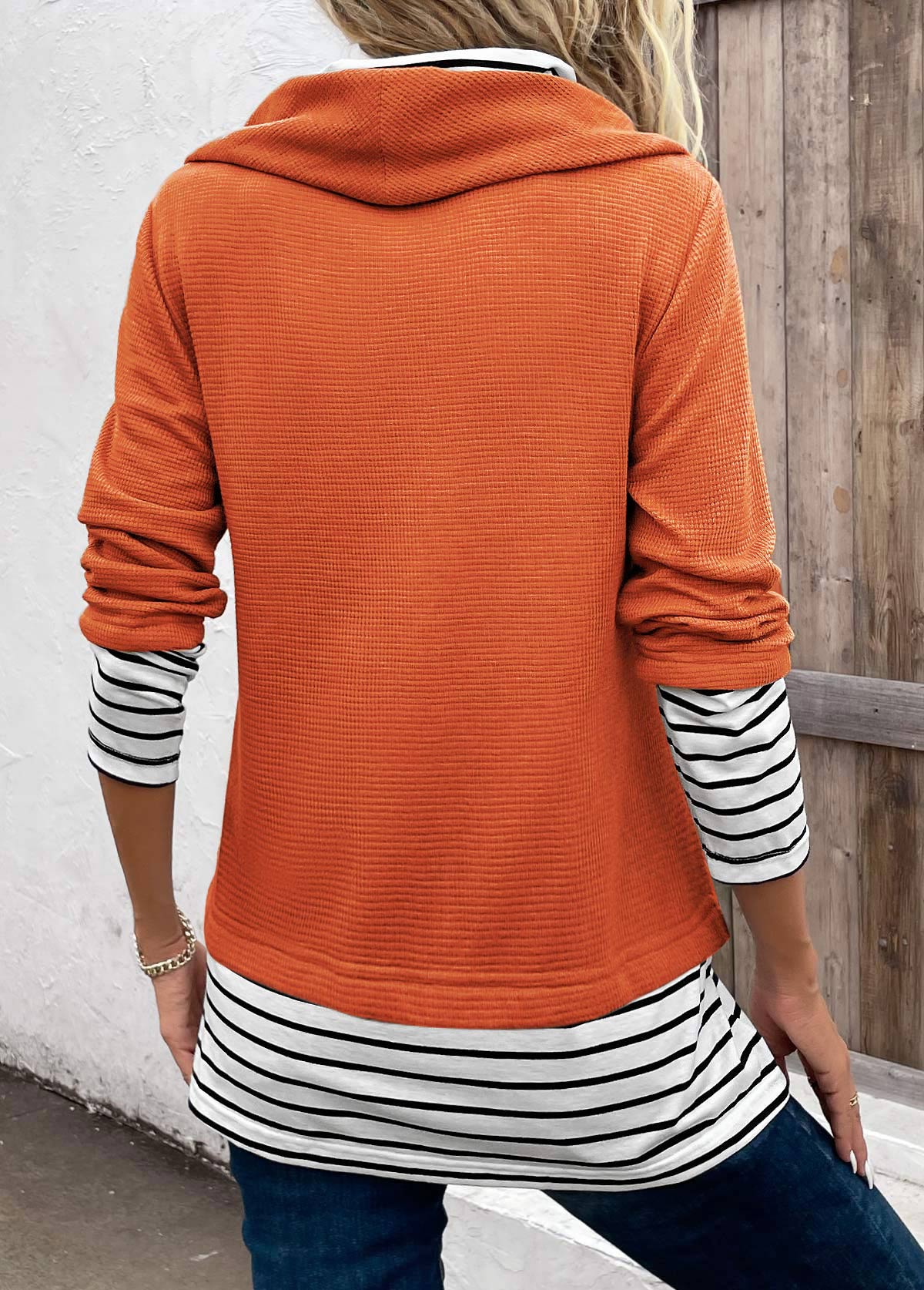 Plus Size Orange Patchwork Striped Long Sleeve Sweatshirt