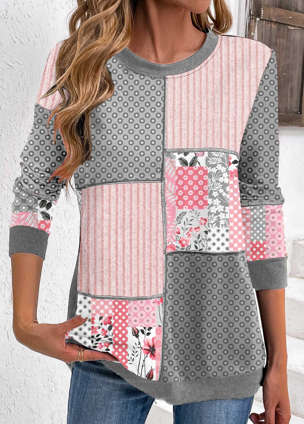 Light Pink Patchwork Geometric Print Long Sleeve Sweatshirt