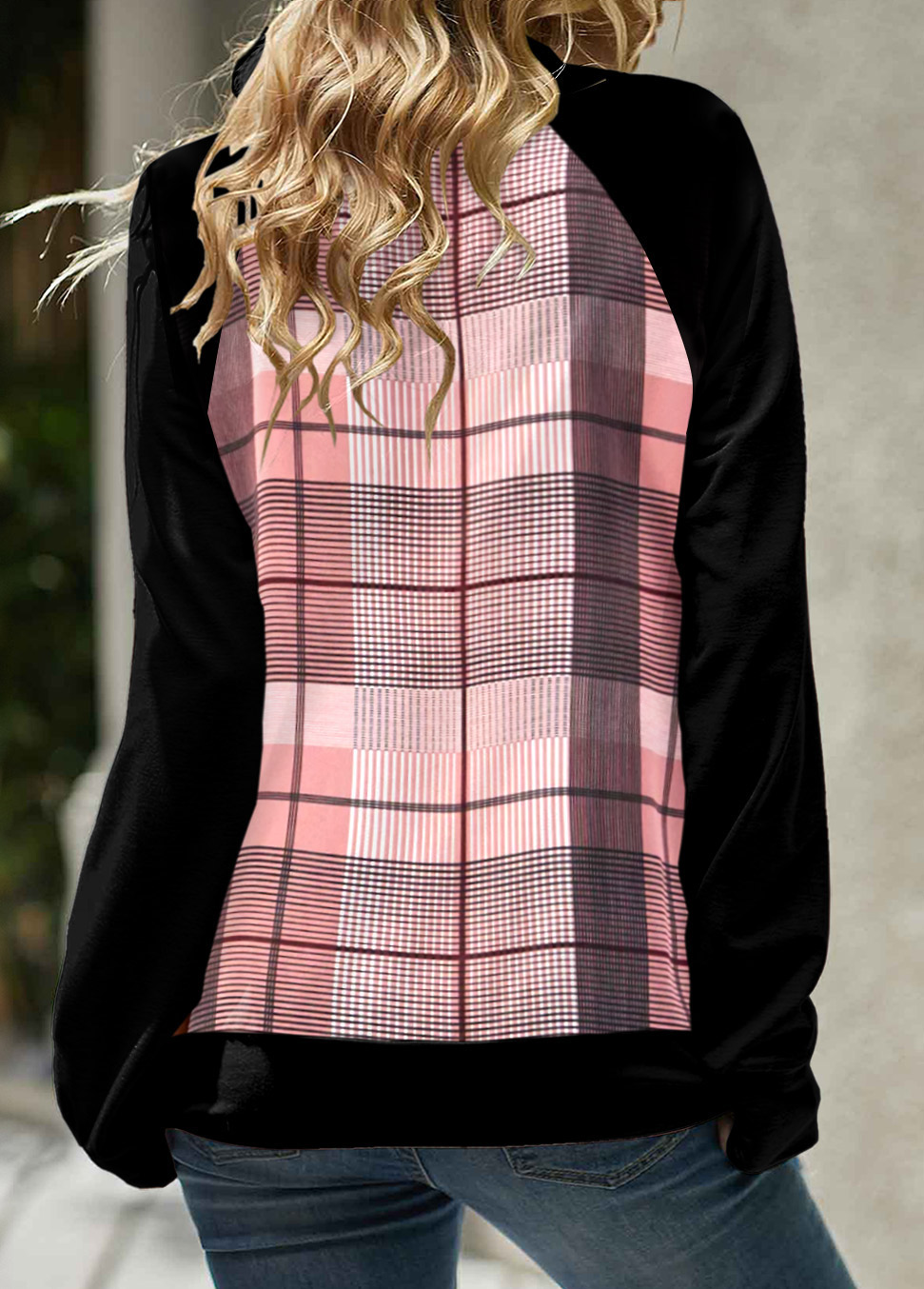 Pink Patchwork Plaid Long Sleeve Cowl Neck Sweatshirt