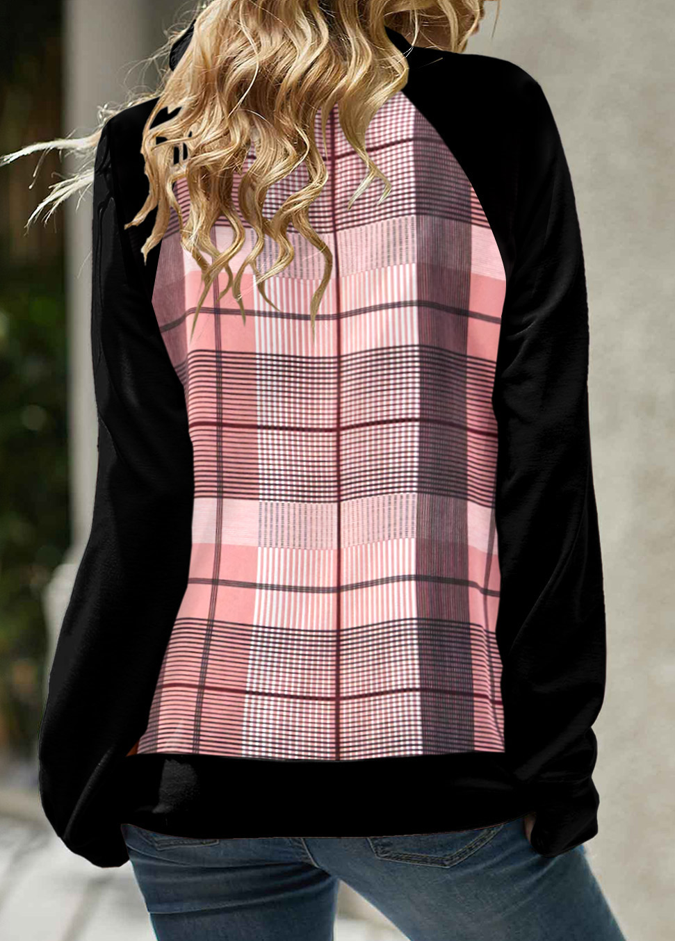 Pink Patchwork Plaid Long Sleeve Cowl Neck Sweatshirt | picture 