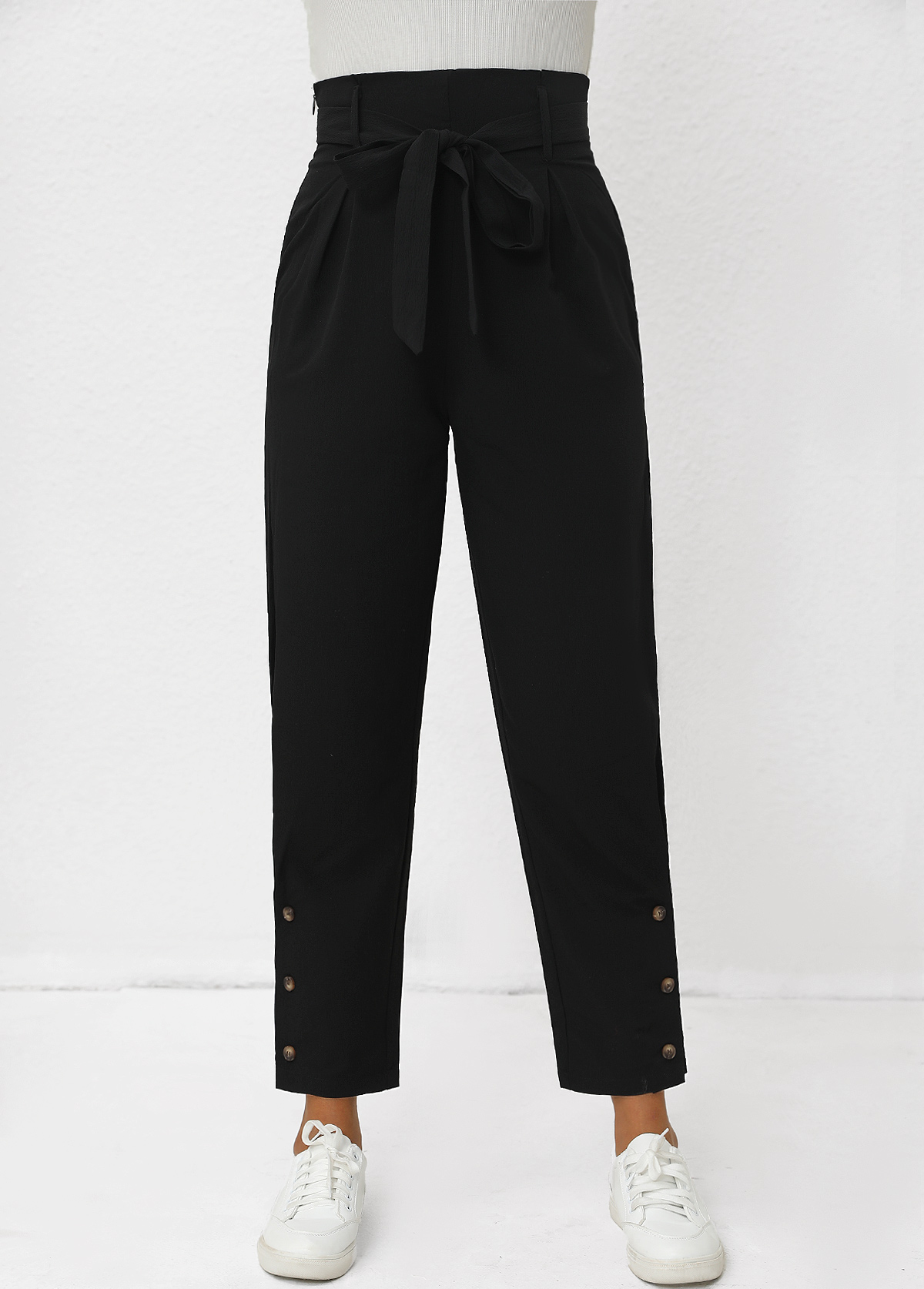Black Button Belted Zipper Fly High Waisted Pants