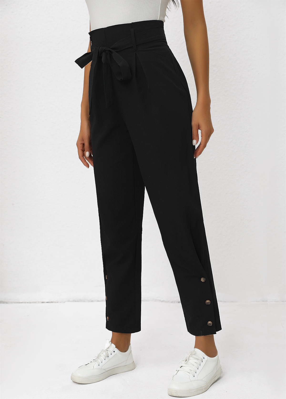 Black Button Belted Zipper Fly High Waisted Pants