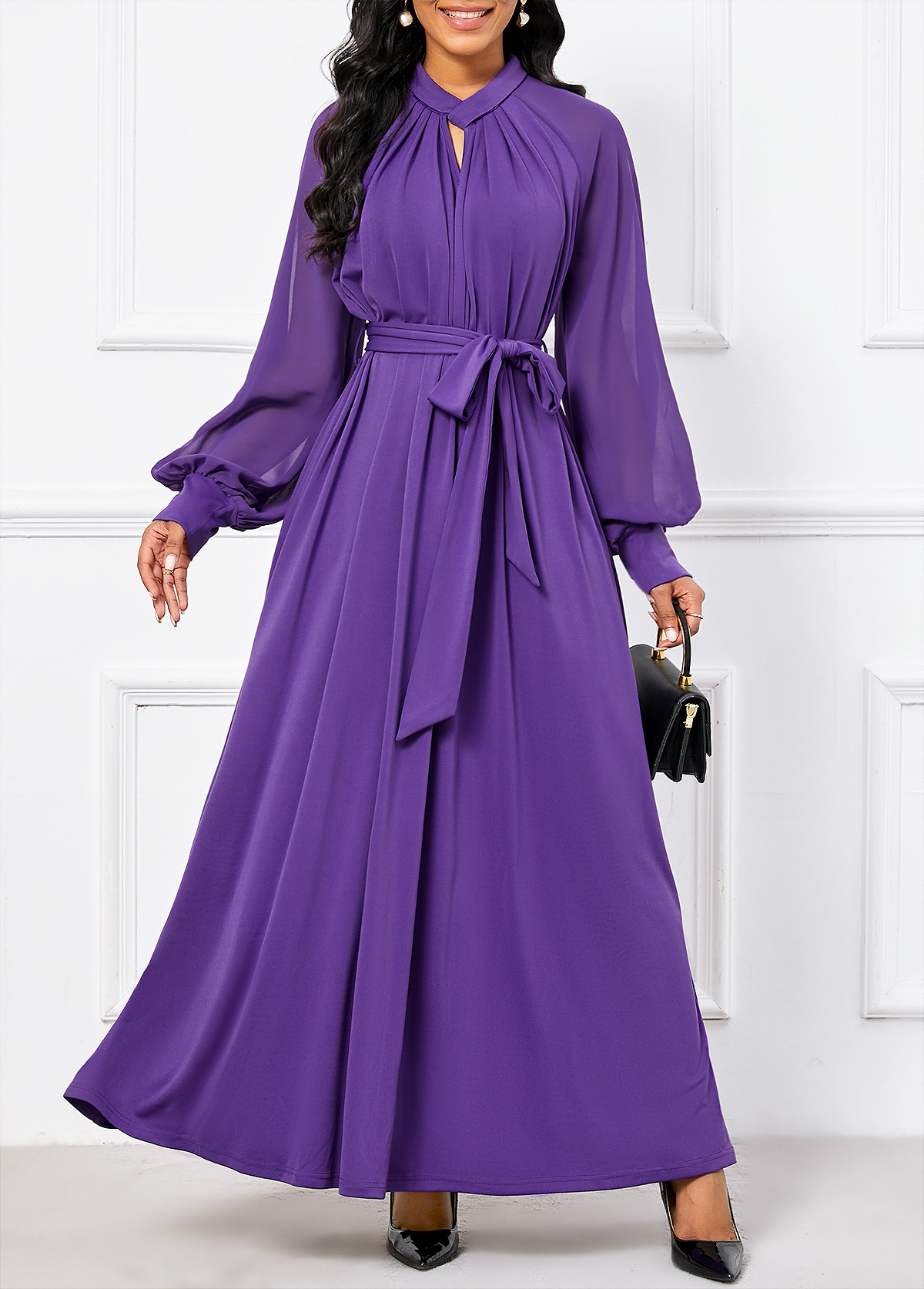 Purple Criss Cross Belted Long Sleeve Maxi Dress