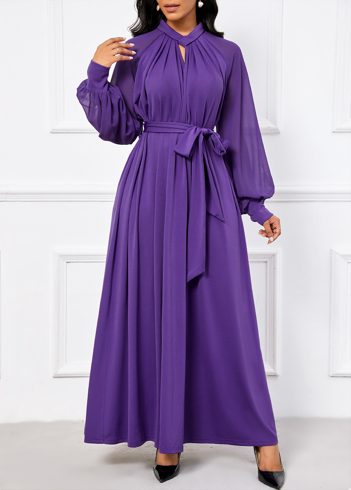 Purple Criss Cross Belted Long Sleeve Maxi Dress