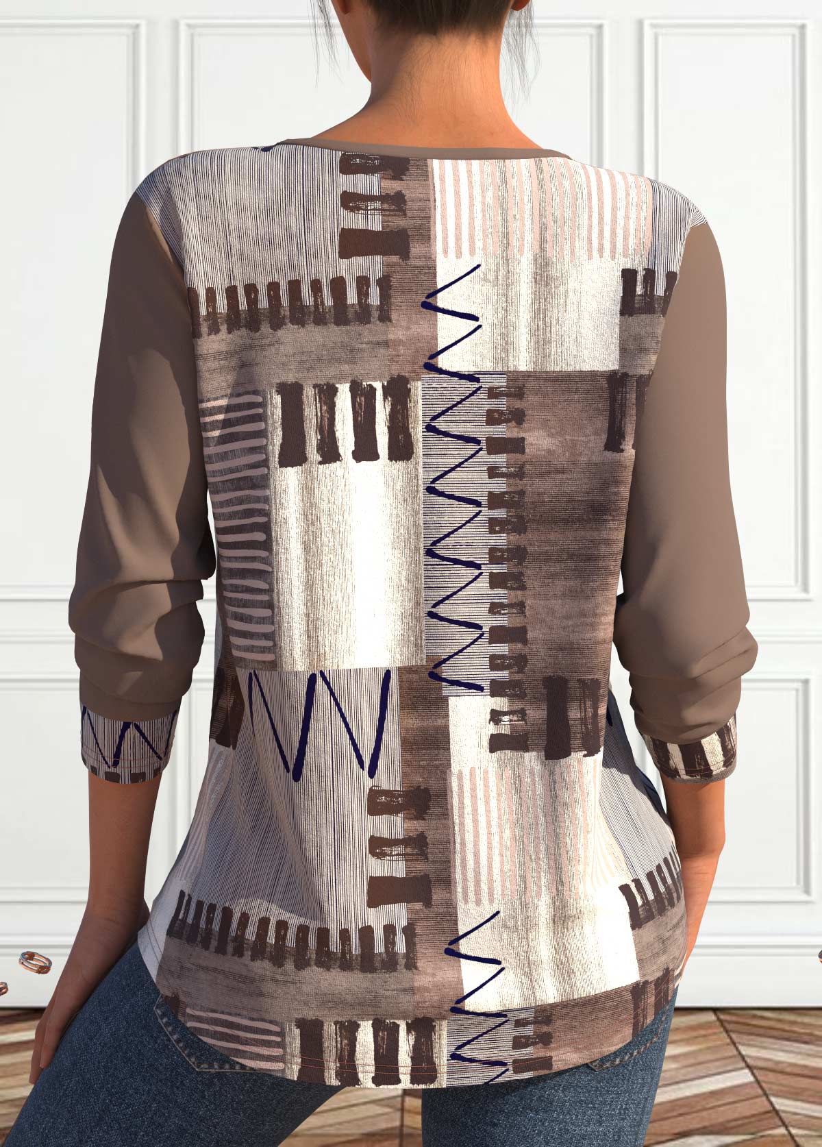 Plus Size Light Coffee Lace Up Geometric Print Sweatshirt